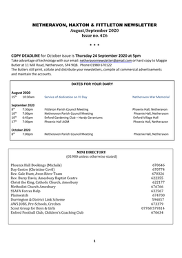 NETHERAVON, HAXTON & FITTLETON NEWSLETTER August/September 2020 Issue No. 426 * * * COPY DEADLINE for October Issue Is Th