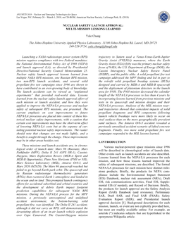 NUCLEAR SAFETY LAUNCH APPROVAL: MULTI-MISSION LESSONS LEARNED Yale Chang the Johns Hopkins University Applied Physics Laboratory