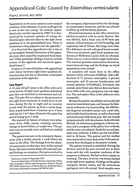 Appendiceal Colic Caused by Enterobius Vermicularis J Am Board Fam Pract: First Published As 10.3122/Jabfm.9.1.57 on 1 January 1996