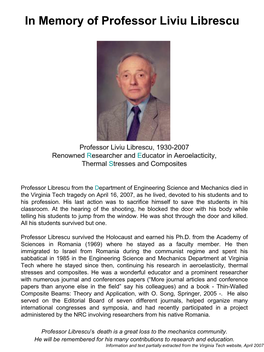 In Memory of Professor Liviu Librescu