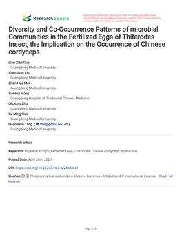 Diversity and Co-Occurrence Patterns of Microbial Communities in the Fertilized Eggs of Thitarodes Insect, the Implication on the Occurrence of Chinese Cordyceps