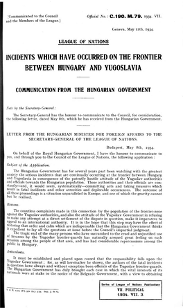 Incidents Which Have Occurred on the Frontier Between Hungary and Yugoslavia