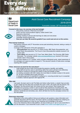 Adult Social Care Recruitment Campaign 2018-2019 Fortnightly Update: 26Th November 2018