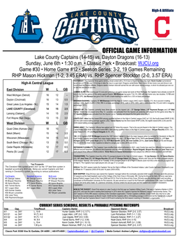 OFFICIAL GAME INFORMATION Lake County Captains (14-15) Vs
