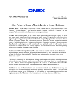 – Onex Partners to Become a Majority Investor in Newport Healthcare –