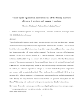 Vapor-Liquid Equilibrium Measurements of the Binary Mixtures Nitrogen + Acetone and Oxygen + Acetone