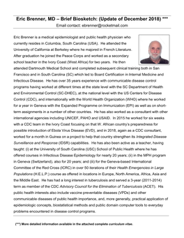 Eric Brenner, MD – Brief Biosketch: (Update of December 2018) *** Email Contact: Ebrenner@Rocketmail.Com