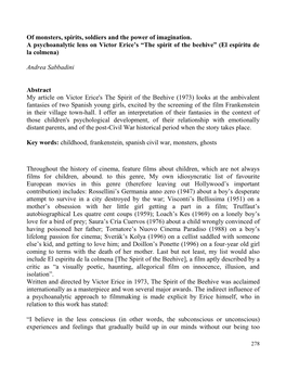 Of Monsters, Spirits, Soldiers and the Power of Imagination. a Psychoanalytic Lens on Victor Erice’S “The Spirit of the Beehive” (El Espíritu De La Colmena)