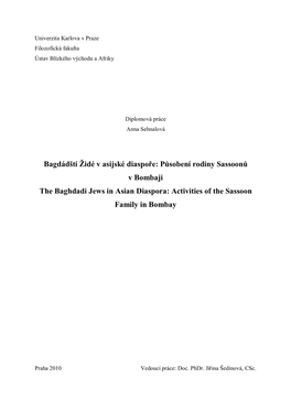 Bagdádští Židé V Asijské Diaspoře: Působení Rodiny Sassoonů V Bombaji the Baghdadi Jews in Asian Diaspora: Activities of the Sassoon Family in Bombay