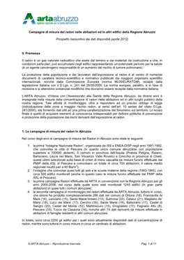 Campagne Di Misura Del Radon Nelle Abitazioni Ed in Altri Edifici Della Regione Abruzzo