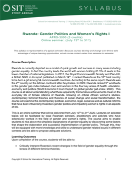 Rwanda: Gender Politics and Women’S Rights I AFRS-3000 (3 Credits) Online Seminar: (July 13 Th to 31St)