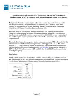 (LC-MS/MS) Method for the Determination of NDMA in Ranitidine Drug Substance and Solid Dosage Drug Product