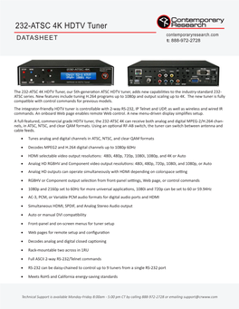 232-ATSC 4K HDTV Tuner Contemporaryresearch.Com DATASHEET T: 888-972-2728