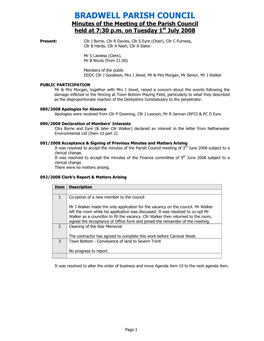 BRADWELL PARISH COUNCIL Minutes of the Meeting of the Parish Council Held at 7:30 P.M