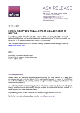 Infigen Energy 2012 Annual Report and Agm Notice of Meeting