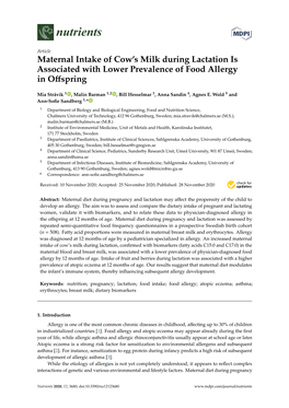 Maternal Intake of Cow's Milk During Lactation Is Associated with Lower