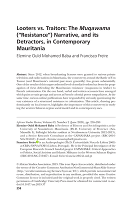 Looters Vs. Traitors: the Muqawama (“Resistance”) Narrative, and Its Detractors, in Contemporary Mauritania Elemine Ould Mohamed Baba and Francisco Freire