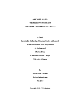 The Religious Right and the Rise of the Neo-Conservatives, in an Oral Examination Held on May 10, 2010