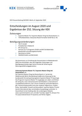 Entscheidungen Im August 2020 Und Ergebnisse Der 252. Sitzung Der KEK Zulassungen • Supreme Master TV / Supreme Master Ching Hai Deutschland E