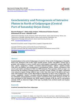 Geochemistry and Petrogenesis of Intrusive Pluton in North of Golpayegan (Central Part of Sanandaj-Sirjan Zone)