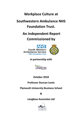 Workplace Culture at Southwestern Ambulance NHS Foundation Trust. an Independent Report Commissioned By