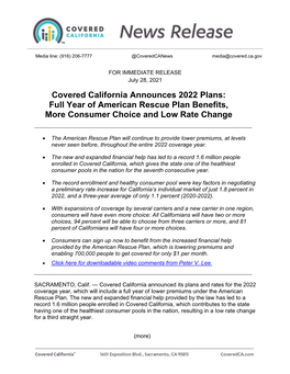 Covered California Announces 2022 Plans: Full Year of American Rescue Plan Benefits, More Consumer Choice and Low Rate Change