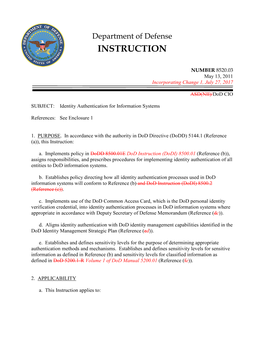 Dod Instruction 8520.03, May 13, 2011; Incorporating Change 1, July 27, 2017