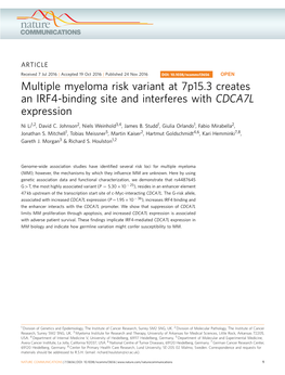 Multiple Myeloma Risk Variant at 7P15.3 Creates an IRF4-Binding Site and Interferes with CDCA7L Expression