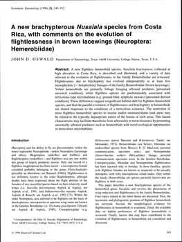 A New Brachypterous Nusalala Species from Costa Rica, with Comments on the Evolution of Flightlessness in Brown Lacewings (Neuroptera: Hemerobiidae)