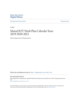 Mainedot Work Plan Calendar Years 2019-2020-2021 Maine Department of Transportation
