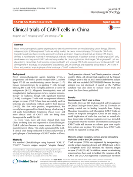 Clinical Trials of CAR-T Cells in China Bingshan Liu1,2, Yongping Song2* and Delong Liu2*