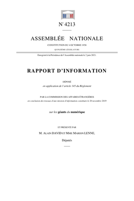 Rapport D'information Sur Les Géants Du Numérique