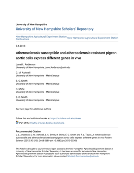 Atherosclerosis-Susceptible and Atherosclerosis-Resistant Pigeon Aortic Cells Express Different Genes in Vivo