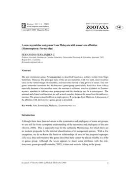 Zootaxa 341: 1–6 (2003) ISSN 1175-5326 (Print Edition) ZOOTAXA 341 Copyright © 2003 Magnolia Press ISSN 1175-5334 (Online Edition)