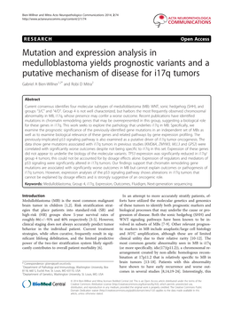 Mutation and Expression Analysis in Medulloblastoma Yields Prognostic