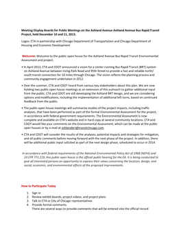 Meeting Display Boards for Public Meetings on the Ashland Avenue Ashland Avenue Bus Rapid Transit Project, Held December 10 and 11, 2013