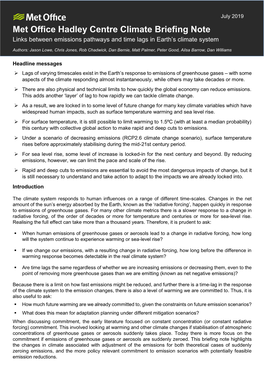 Met Office Hadley Centre Climate Briefing Note Links Between Emissions Pathways and Time Lags in Earth’S Climate System