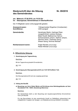 Niederschrift Über Die Sitzung Nr. 09/2019 Des Gemeinderates