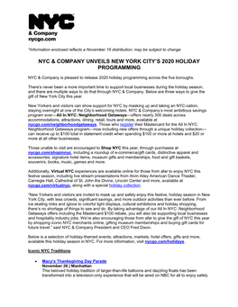 Nyc & Company Unveils New York City's 2020 Holiday