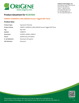 HNRPH1 (HNRNPH1) (NM 005520) Human Tagged ORF Clone Product Data