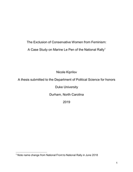 The Exclusion of Conservative Women from Feminism: a Case Study on Marine Le Pen of the National Rally1 Nicole Kiprilov a Thesis