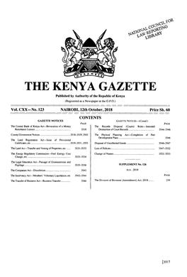 THE KENYA GAZETTE Published by Authority of the Republic of Kenya (Registered As a Newspaper at the G.P.O.) � � Vol