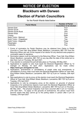 NOTICE of ELECTION Blackburn with Darwen Election of Parish