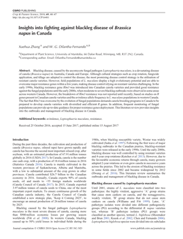 Insights Into Fighting Against Blackleg Disease of Brassica Napus in Canada