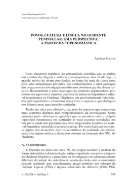 Povos, Cultura E Língua No Ocidente Peninsular: Uma Perspectiva, a Partir Da Toponomástica