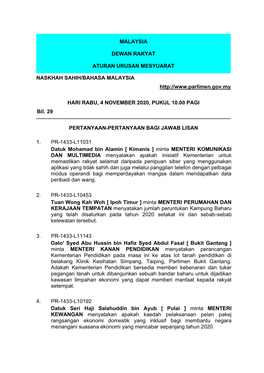 Malaysia Dewan Rakyat Aturan Urusan Mesyuarat