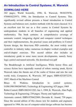 An Introduction to Control Systems; K. Warwick