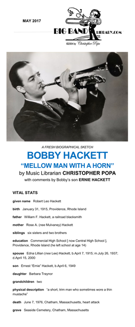 BOBBY HACKETT “MELLOW MAN with a HORN” by Music Librarian CHRISTOPHER POPA with Comments by Bobby’S Son ERNIE HACKETT
