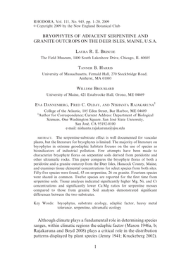 Bryophytes of Adjacent Serpentine and Granite Outcrops on the Deer Isles, Maine, U.S.A