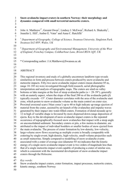 1 Snow-Avalanche Impact Craters in Southern Norway: Their Morphology and 2 Dynamics Compared with Small Terrestrial Meteorite Craters